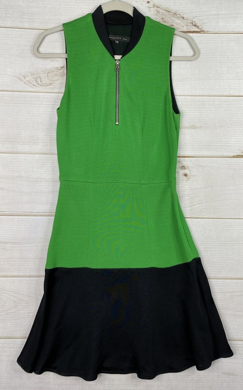 Vintage Barbara Bui Dress Womens 36 Green Black Knit Sleeveless 1/4 Zip Stretch